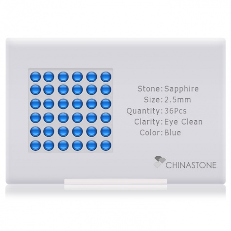 A perfectly calibrated lot of 36 high-precision cut natural sapphire gemstones, which are secured in a purpose-built box and accompanied by a Certificate of Authenticity. Each round shaped stone on average weighs 0.095 carat, measuring 2.5mm in length, 2.5mm in width and 1.62mm in depth, and features an exceptional cabochon cut and finish, along with an absolute minimum variance of color difference.