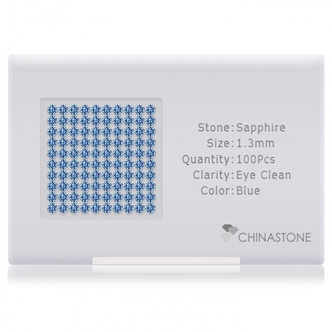 A perfectly calibrated lot of 100 high-precision cut natural sapphire gemstones, which are secured in a purpose-built box and accompanied by a Certificate of Authenticity. Each round shaped stone on average weighs 0.011 carat, measuring 1.3mm in length, 1.3mm in width and 0.845mm in depth, and features an exceptional brilliant cut and finish, along with an absolute minimum variance of color difference.