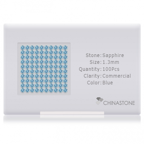 A perfectly calibrated lot of 100 high-precision cut natural sapphire gemstones, which are secured in a purpose-built box and accompanied by a Certificate of Authenticity. Each round shaped stone on average weighs 0.011 carat, measuring 1.3mm in length, 1.3mm in width and 0.84mm in depth, and features an exceptional brilliant cut and finish, along with an absolute minimum variance of color difference.