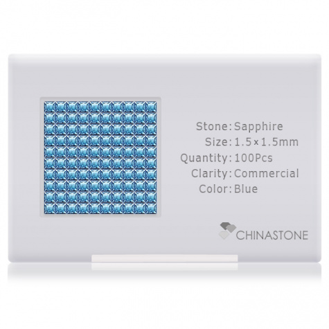 A perfectly calibrated lot of 100 high-precision cut natural sapphire gemstones, which are secured in a purpose-built box and accompanied by a Certificate of Authenticity. Each square shaped stone on average weighs 0.02 carat, measuring 1.5mm in length, 1.5mm in width and 1.02mm in depth, and features an exceptional princess cut and finish, along with an absolute minimum variance of color difference.