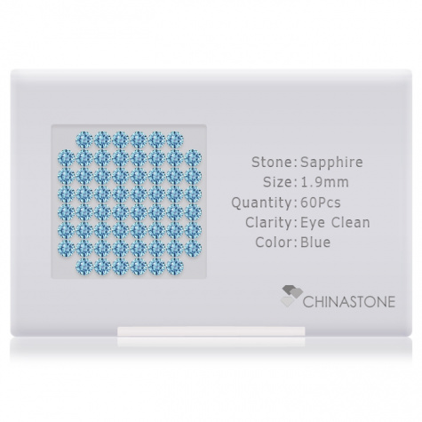 A perfectly calibrated lot of 60 high-precision cut natural sapphire gemstones, which are secured in a purpose-built box and accompanied by a Certificate of Authenticity. Each round shaped stone on average weighs 0.031 carat, measuring 1.9mm in length, 1.9mm in width and 1.24mm in depth, and features an exceptional brilliant cut and finish, along with an absolute minimum variance of color difference.