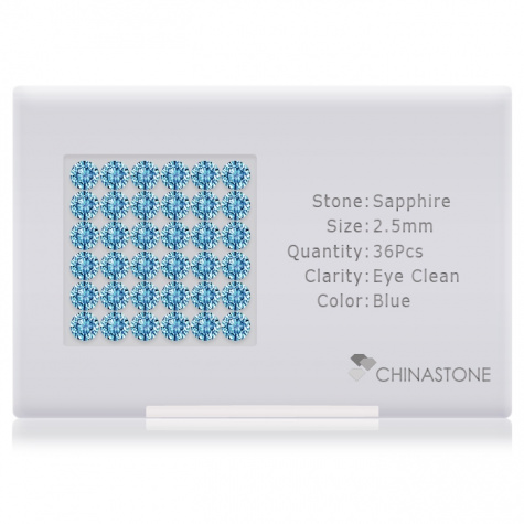 A perfectly calibrated lot of 36 high-precision cut natural sapphire gemstones, which are secured in a purpose-built box and accompanied by a Certificate of Authenticity. Each round shaped stone on average weighs 0.083 carat, measuring 2.5mm in length, 2.5mm in width and 1.62mm in depth, and features an exceptional brilliant cut and finish, along with an absolute minimum variance of color difference.