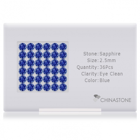 A perfectly calibrated lot of 36 high-precision cut natural sapphire gemstones, which are secured in a purpose-built box and accompanied by a Certificate of Authenticity. Each round shaped stone on average weighs 0.083 carat, measuring 2.5mm in length, 2.5mm in width and 1.62mm in depth, and features an exceptional brilliant cut and finish, along with an absolute minimum variance of color difference.