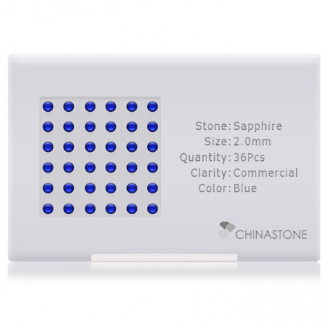 A perfectly calibrated lot of 36 high-precision cut natural sapphire gemstones, which are secured in a purpose-built box and accompanied by a Certificate of Authenticity. Each round shaped stone on average weighs 0.048 carat, measuring 2mm in length, 2mm in width and 1.3mm in depth, and features an exceptional cabochon cut and finish, along with an absolute minimum variance of color difference.