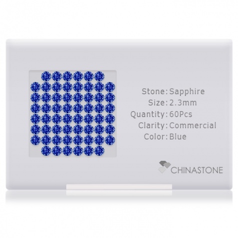 A perfectly calibrated lot of 60 high-precision cut natural sapphire gemstones, which are secured in a purpose-built box and accompanied by a Certificate of Authenticity. Each round shaped stone on average weighs 0.063 carat, measuring 2.3mm in length, 2.3mm in width and 1.5mm in depth, and features an exceptional brilliant cut and finish, along with an absolute minimum variance of color difference.