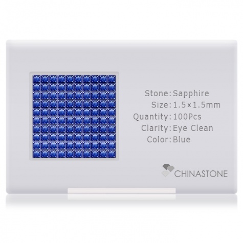 A perfectly calibrated lot of 100 high-precision cut natural sapphire gemstones, which are secured in a purpose-built box and accompanied by a Certificate of Authenticity. Each square shaped stone on average weighs 0.02 carat, measuring 1.5mm in length, 1.5mm in width and 1.02mm in depth, and features an exceptional princess cut and finish, along with an absolute minimum variance of color difference.