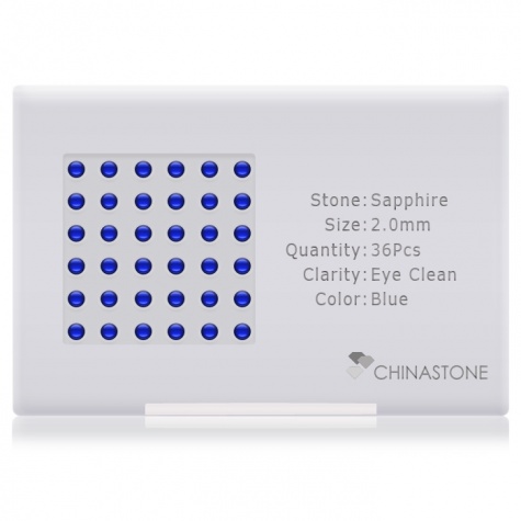 A perfectly calibrated lot of 36 high-precision cut natural sapphire gemstones, which are secured in a purpose-built box and accompanied by a Certificate of Authenticity. Each round shaped stone on average weighs 0.048 carat, measuring 2mm in length, 2mm in width and 1.3mm in depth, and features an exceptional cabochon cut and finish, along with an absolute minimum variance of color difference.