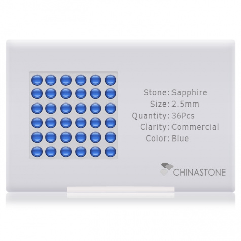 A perfectly calibrated lot of 36 high-precision cut natural sapphire gemstones, which are secured in a purpose-built box and accompanied by a Certificate of Authenticity. Each round shaped stone on average weighs 0.095 carat, measuring 2.5mm in length, 2.5mm in width and 1.62mm in depth, and features an exceptional cabochon cut and finish, along with an absolute minimum variance of color difference.
