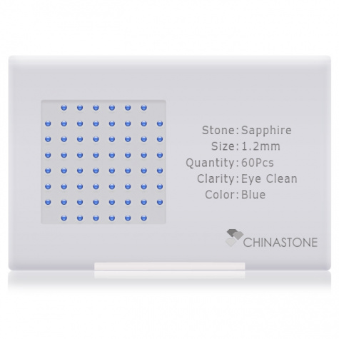A perfectly calibrated lot of 60 high-precision cut natural sapphire gemstones, which are secured in a purpose-built box and accompanied by a Certificate of Authenticity. Each round shaped stone on average weighs 0.012 carat, measuring 1.2mm in length, 1.2mm in width and 0.78mm in depth, and features an exceptional cabochon cut and finish, along with an absolute minimum variance of color difference.