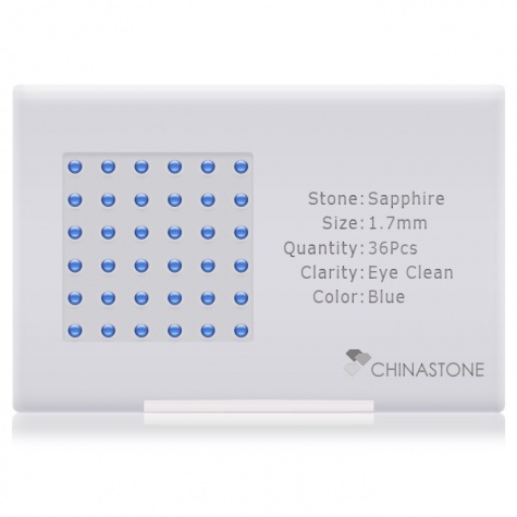 A perfectly calibrated lot of 36 high-precision cut natural sapphire gemstones, which are secured in a purpose-built box and accompanied by a Certificate of Authenticity. Each round shaped stone on average weighs 0.03 carat, measuring 1.7mm in length, 1.7mm in width and 1.1mm in depth, and features an exceptional cabochon cut and finish, along with an absolute minimum variance of color difference.