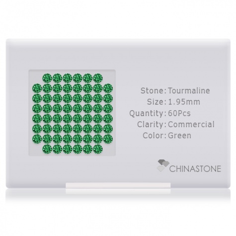 A perfectly calibrated lot of 60 high-precision cut natural chrome-tourmaline gemstones, which are secured in a purpose-built box and accompanied by a Certificate of Authenticity. Each round shaped stone on average weighs 0.04 carat, measuring 1.95mm in length, 1.95mm in width and 1.27mm in depth, and features an exceptional brilliant cut and finish, along with an absolute minimum variance of color difference.