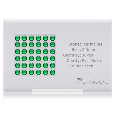 A perfectly calibrated lot of 36 high-precision cut natural chrome-tourmaline gemstones, which are secured in a purpose-built box and accompanied by a Certificate of Authenticity. Each round shaped stone on average weighs 0.095 carat, measuring 2.5mm in length, 2.5mm in width and 1.625mm in depth, and features an exceptional cabochon cut and finish, along with an absolute minimum variance of color difference.