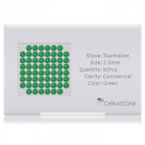 A perfectly calibrated lot of 60 high-precision cut natural chrome-tourmaline gemstones, which are secured in a purpose-built box and accompanied by a Certificate of Authenticity. Each round shaped stone on average weighs 0.036 carat, measuring 2mm in length, 2mm in width and 1.3mm in depth, and features an exceptional brilliant cut and finish, along with an absolute minimum variance of color difference.