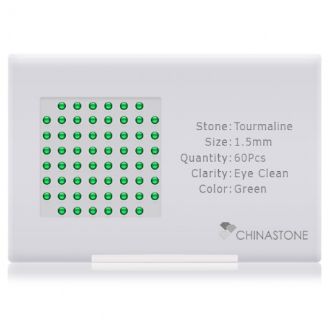 A perfectly calibrated lot of 60 high-precision cut natural chrome-tourmaline gemstones, which are secured in a purpose-built box and accompanied by a Certificate of Authenticity. Each round shaped stone on average weighs 0.02 carat, measuring 1.5mm in length, 1.5mm in width and 0.98mm in depth, and features an exceptional cabochon cut and finish, along with an absolute minimum variance of color difference.
