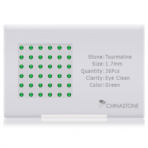 A perfectly calibrated lot of 36 high-precision cut natural chrome-tourmaline gemstones, which are secured in a purpose-built box and accompanied by a Certificate of Authenticity. Each round shaped stone on average weighs 0.03 carat, measuring 1.7mm in length, 1.7mm in width and 1.105mm in depth, and features an exceptional cabochon cut and finish, along with an absolute minimum variance of color difference.