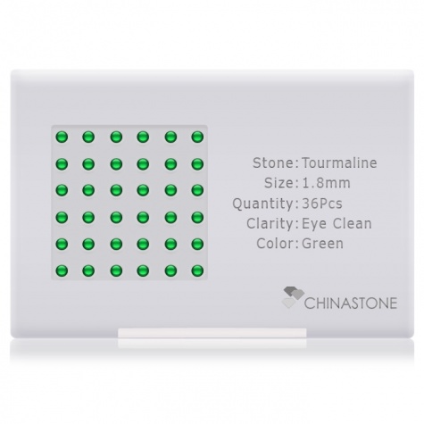 A perfectly calibrated lot of 36 high-precision cut natural chrome-tourmaline gemstones, which are secured in a purpose-built box and accompanied by a Certificate of Authenticity. Each round shaped stone on average weighs 0.035 carat, measuring 1.8mm in length, 1.8mm in width and 1.17mm in depth, and features an exceptional cabochon cut and finish, along with an absolute minimum variance of color difference.