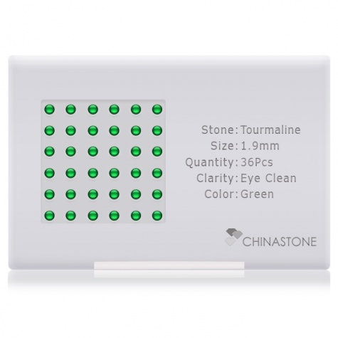 A perfectly calibrated lot of 36 high-precision cut natural chrome-tourmaline gemstones, which are secured in a purpose-built box and accompanied by a Certificate of Authenticity. Each round shaped stone on average weighs 0.04 carat, measuring 1.9mm in length, 1.9mm in width and 1.235mm in depth, and features an exceptional cabochon cut and finish, along with an absolute minimum variance of color difference.