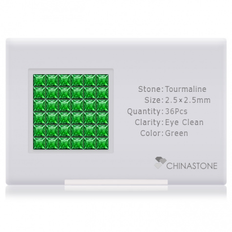 A perfectly calibrated lot of 36 high-precision cut natural chrome-tourmaline gemstones, which are secured in a purpose-built box and accompanied by a Certificate of Authenticity. Each square shaped stone on average weighs 0.094 carat, measuring 2.5mm in length, 2.5mm in width and 1.62mm in depth, and features an exceptional princess cut and finish, along with an absolute minimum variance of color difference.