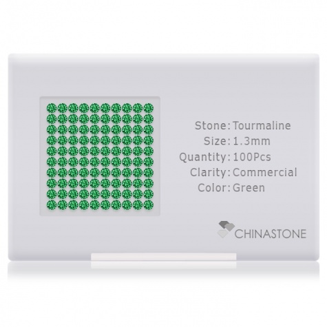 A perfectly calibrated lot of 100 high-precision cut natural chrome-tourmaline gemstones, which are secured in a purpose-built box and accompanied by a Certificate of Authenticity. Each round shaped stone on average weighs 0.011 carat, measuring 1.3mm in length, 1.3mm in width and 0.84mm in depth, and features an exceptional brilliant cut and finish, along with an absolute minimum variance of color difference.