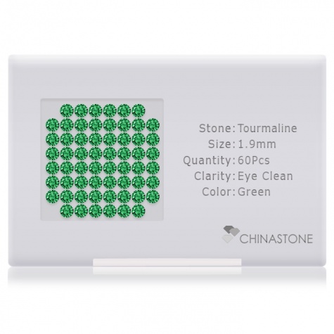 A perfectly calibrated lot of 60 high-precision cut natural chrome-tourmaline gemstones, which are secured in a purpose-built box and accompanied by a Certificate of Authenticity. Each round shaped stone on average weighs 0.031 carat, measuring 1.9mm in length, 1.9mm in width and 1.235mm in depth, and features an exceptional brilliant cut and finish, along with an absolute minimum variance of color difference.