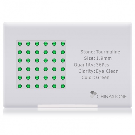 A perfectly calibrated lot of 36 high-precision cut natural chrome-tourmaline gemstones, which are secured in a purpose-built box and accompanied by a Certificate of Authenticity. Each round shaped stone on average weighs 0.04 carat, measuring 1.9mm in length, 1.9mm in width and 1.235mm in depth, and features an exceptional cabochon cut and finish, along with an absolute minimum variance of color difference.