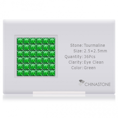 A perfectly calibrated lot of 36 high-precision cut natural chrome-tourmaline gemstones, which are secured in a purpose-built box and accompanied by a Certificate of Authenticity. Each square shaped stone on average weighs 0.094 carat, measuring 2.5mm in length, 2.5mm in width and 1.62mm in depth, and features an exceptional princess cut and finish, along with an absolute minimum variance of color difference.