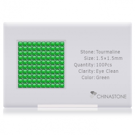 A perfectly calibrated lot of 100 high-precision cut natural chrome-tourmaline gemstones, which are secured in a purpose-built box and accompanied by a Certificate of Authenticity. Each square shaped stone on average weighs 0.02 carat, measuring 1.5mm in length, 1.5mm in width and 0.98mm in depth, and features an exceptional princess cut and finish, along with an absolute minimum variance of color difference.