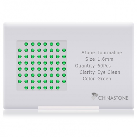 A perfectly calibrated lot of 60 high-precision cut natural chrome-tourmaline gemstones, which are secured in a purpose-built box and accompanied by a Certificate of Authenticity. Each round shaped stone on average weighs 0.025 carat, measuring 1.6mm in length, 1.6mm in width and 1.04mm in depth, and features an exceptional cabochon cut and finish, along with an absolute minimum variance of color difference.