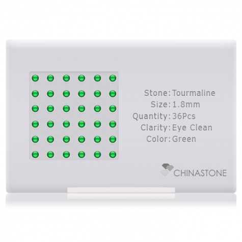 A perfectly calibrated lot of 36 high-precision cut natural chrome-tourmaline gemstones, which are secured in a purpose-built box and accompanied by a Certificate of Authenticity. Each round shaped stone on average weighs 0.035 carat, measuring 1.8mm in length, 1.8mm in width and 1.17mm in depth, and features an exceptional cabochon cut and finish, along with an absolute minimum variance of color difference.