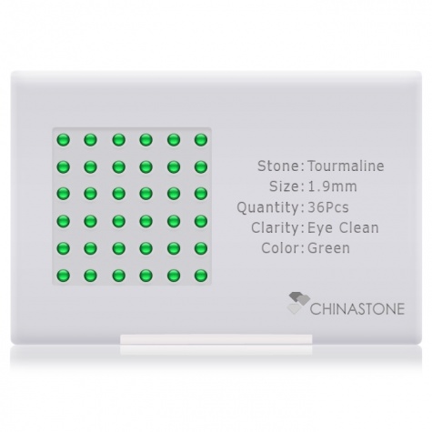A perfectly calibrated lot of 36 high-precision cut natural chrome-tourmaline gemstones, which are secured in a purpose-built box and accompanied by a Certificate of Authenticity. Each round shaped stone on average weighs 0.04 carat, measuring 1.9mm in length, 1.9mm in width and 1.235mm in depth, and features an exceptional cabochon cut and finish, along with an absolute minimum variance of color difference.