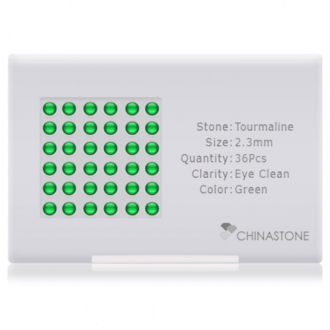 A perfectly calibrated lot of 36 high-precision cut natural chrome-tourmaline gemstones, which are secured in a purpose-built box and accompanied by a Certificate of Authenticity. Each round shaped stone on average weighs 0.07 carat, measuring 2.3mm in length, 2.3mm in width and 1.49mm in depth, and features an exceptional cabochon cut and finish, along with an absolute minimum variance of color difference.