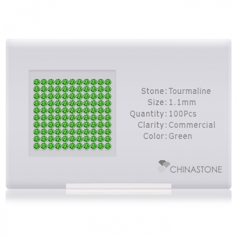 A perfectly calibrated lot of 100 high-precision cut natural chrome-tourmaline gemstones, which are secured in a purpose-built box and accompanied by a Certificate of Authenticity. Each round shaped stone on average weighs 0.007 carat, measuring 1.1mm in length, 1.1mm in width and 0.715mm in depth, and features an exceptional brilliant cut and finish, along with an absolute minimum variance of color difference.