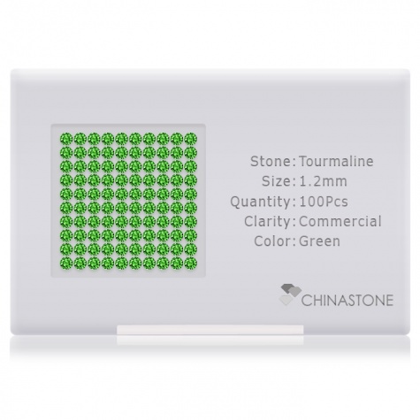 A perfectly calibrated lot of 100 high-precision cut natural chrome-tourmaline gemstones, which are secured in a purpose-built box and accompanied by a Certificate of Authenticity. Each round shaped stone on average weighs 0.01 carat, measuring 1.2mm in length, 1.2mm in width and 0.78mm in depth, and features an exceptional brilliant cut and finish, along with an absolute minimum variance of color difference.