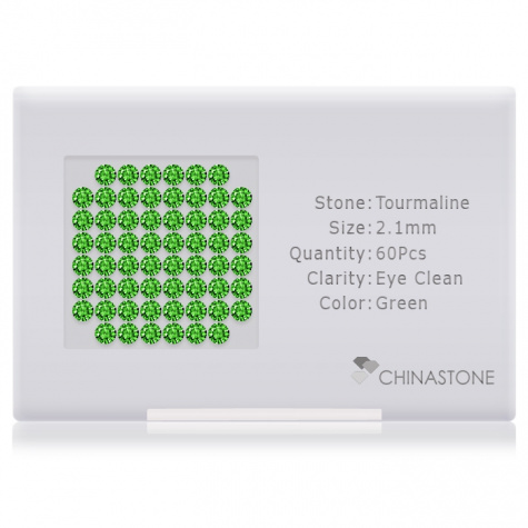 A perfectly calibrated lot of 60 high-precision cut natural chrome-tourmaline gemstones, which are secured in a purpose-built box and accompanied by a Certificate of Authenticity. Each round shaped stone on average weighs 0.045 carat, measuring 2.1mm in length, 2.1mm in width and 1.36mm in depth, and features an exceptional brilliant cut and finish, along with an absolute minimum variance of color difference.