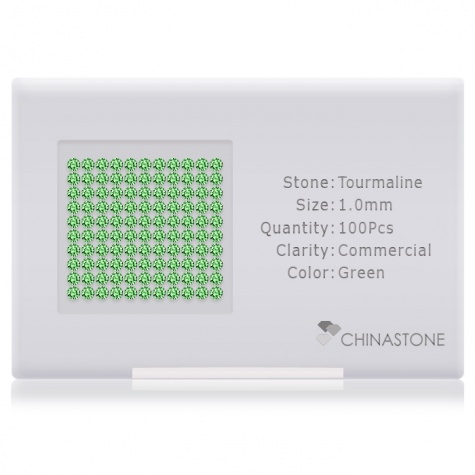 A perfectly calibrated lot of 100 high-precision cut natural chrome-tourmaline gemstones, which are secured in a purpose-built box and accompanied by a Certificate of Authenticity. Each round shaped stone on average weighs 0.006 carat, measuring 1mm in length, 1mm in width and 0.65mm in depth, and features an exceptional brilliant cut and finish, along with an absolute minimum variance of color difference.