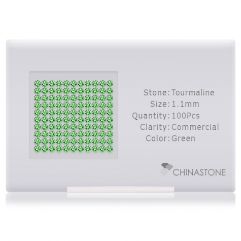 A perfectly calibrated lot of 100 high-precision cut natural chrome-tourmaline gemstones, which are secured in a purpose-built box and accompanied by a Certificate of Authenticity. Each round shaped stone on average weighs 0.007 carat, measuring 1.1mm in length, 1.1mm in width and 0.71mm in depth, and features an exceptional brilliant cut and finish, along with an absolute minimum variance of color difference.