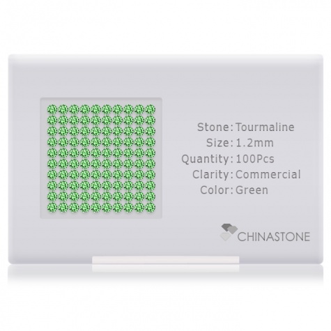 A perfectly calibrated lot of 100 high-precision cut natural chrome-tourmaline gemstones, which are secured in a purpose-built box and accompanied by a Certificate of Authenticity. Each round shaped stone on average weighs 0.01 carat, measuring 1.2mm in length, 1.2mm in width and 0.78mm in depth, and features an exceptional brilliant cut and finish, along with an absolute minimum variance of color difference.