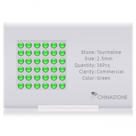 A perfectly calibrated lot of 36 high-precision cut natural chrome-tourmaline gemstones, which are secured in a purpose-built box and accompanied by a Certificate of Authenticity. Each round shaped stone on average weighs 0.095 carat, measuring 2.5mm in length, 2.5mm in width and 1.62mm in depth, and features an exceptional cabochon cut and finish, along with an absolute minimum variance of color difference.