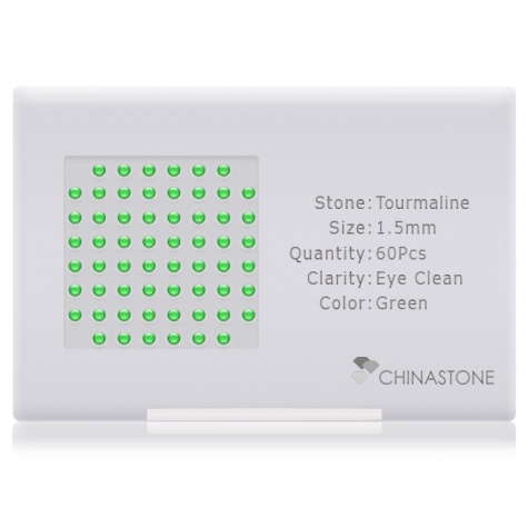 A perfectly calibrated lot of 60 high-precision cut natural chrome-tourmaline gemstones, which are secured in a purpose-built box and accompanied by a Certificate of Authenticity. Each round shaped stone on average weighs 0.02 carat, measuring 1.5mm in length, 1.5mm in width and 0.975mm in depth, and features an exceptional cabochon cut and finish, along with an absolute minimum variance of color difference.