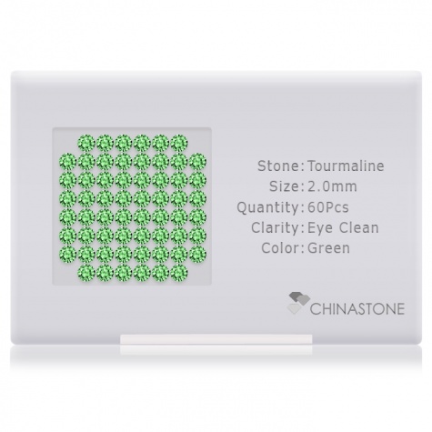 A perfectly calibrated lot of 60 high-precision cut natural chrome-tourmaline gemstones, which are secured in a purpose-built box and accompanied by a Certificate of Authenticity. Each round shaped stone on average weighs 0.036 carat, measuring 2mm in length, 2mm in width and 1.3mm in depth, and features an exceptional brilliant cut and finish, along with an absolute minimum variance of color difference.