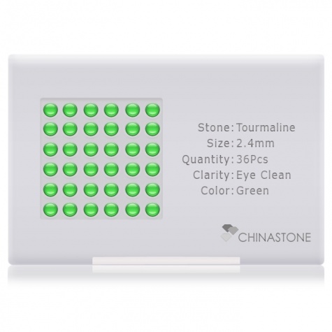 A perfectly calibrated lot of 36 high-precision cut natural chrome-tourmaline gemstones, which are secured in a purpose-built box and accompanied by a Certificate of Authenticity. Each round shaped stone on average weighs 0.09 carat, measuring 2.4mm in length, 2.4mm in width and 1.56mm in depth, and features an exceptional cabochon cut and finish, along with an absolute minimum variance of color difference.