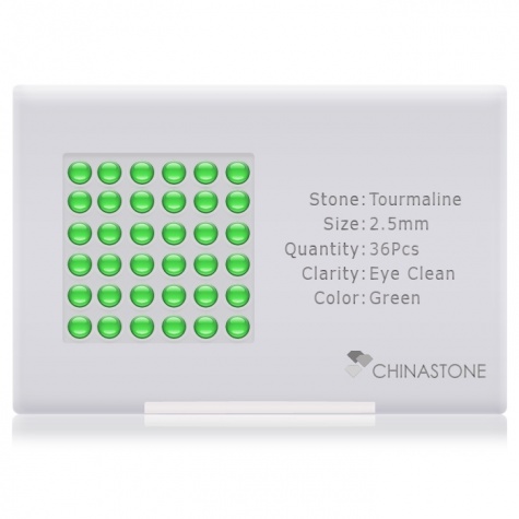 A perfectly calibrated lot of 36 high-precision cut natural chrome-tourmaline gemstones, which are secured in a purpose-built box and accompanied by a Certificate of Authenticity. Each round shaped stone on average weighs 0.095 carat, measuring 2.5mm in length, 2.5mm in width and 1.62mm in depth, and features an exceptional cabochon cut and finish, along with an absolute minimum variance of color difference.