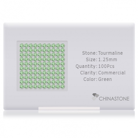 A perfectly calibrated lot of 100 high-precision cut natural chrome-tourmaline gemstones, which are secured in a purpose-built box and accompanied by a Certificate of Authenticity. Each round shaped stone on average weighs 0.01 carat, measuring 1.25mm in length, 1.25mm in width and 0.81mm in depth, and features an exceptional brilliant cut and finish, along with an absolute minimum variance of color difference.