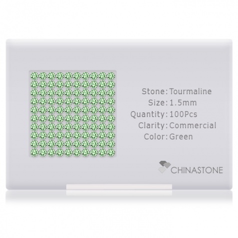 A perfectly calibrated lot of 100 high-precision cut natural chrome-tourmaline gemstones, which are secured in a purpose-built box and accompanied by a Certificate of Authenticity. Each round shaped stone on average weighs 0.015 carat, measuring 1.5mm in length, 1.5mm in width and 0.97mm in depth, and features an exceptional brilliant cut and finish, along with an absolute minimum variance of color difference.