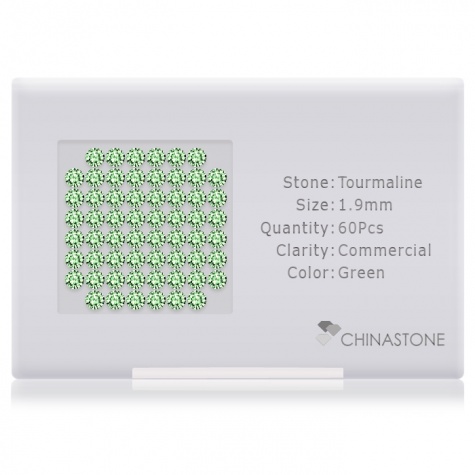 A perfectly calibrated lot of 60 high-precision cut natural chrome-tourmaline gemstones, which are secured in a purpose-built box and accompanied by a Certificate of Authenticity. Each round shaped stone on average weighs 0.031 carat, measuring 1.9mm in length, 1.9mm in width and 1.24mm in depth, and features an exceptional brilliant cut and finish, along with an absolute minimum variance of color difference.