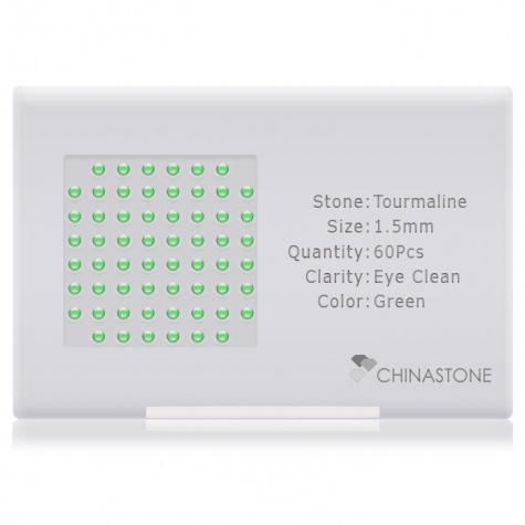 A perfectly calibrated lot of 60 high-precision cut natural chrome-tourmaline gemstones, which are secured in a purpose-built box and accompanied by a Certificate of Authenticity. Each round shaped stone on average weighs 0.02 carat, measuring 1.5mm in length, 1.5mm in width and 0.98mm in depth, and features an exceptional cabochon cut and finish, along with an absolute minimum variance of color difference.