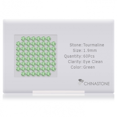 A perfectly calibrated lot of 60 high-precision cut natural chrome-tourmaline gemstones, which are secured in a purpose-built box and accompanied by a Certificate of Authenticity. Each round shaped stone on average weighs 0.031 carat, measuring 1.9mm in length, 1.9mm in width and 1.24mm in depth, and features an exceptional brilliant cut and finish, along with an absolute minimum variance of color difference.