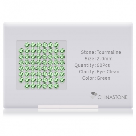 A perfectly calibrated lot of 60 high-precision cut natural chrome-tourmaline gemstones, which are secured in a purpose-built box and accompanied by a Certificate of Authenticity. Each round shaped stone on average weighs 0.036 carat, measuring 2mm in length, 2mm in width and 1.3mm in depth, and features an exceptional brilliant cut and finish, along with an absolute minimum variance of color difference.