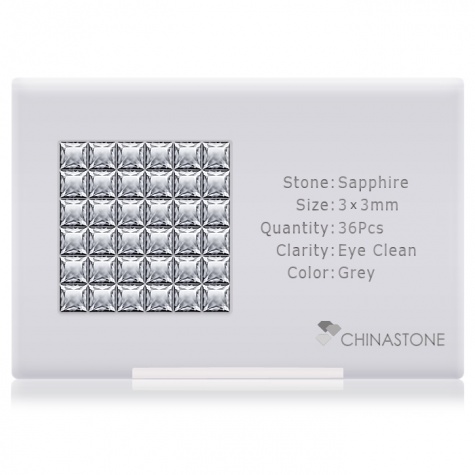 A perfectly calibrated lot of 36 high-precision cut natural sapphire gemstones, which are secured in a purpose-built box and accompanied by a Certificate of Authenticity. Each square shaped stone on average weighs 0.168 carat, measuring 3mm in length, 3mm in width and 1.95mm in depth, and features an exceptional princess cut and finish, along with an absolute minimum variance of color difference.