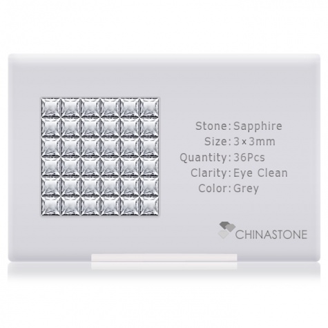 A perfectly calibrated lot of 36 high-precision cut natural sapphire gemstones, which are secured in a purpose-built box and accompanied by a Certificate of Authenticity. Each square shaped stone on average weighs 0.168 carat, measuring 3mm in length, 3mm in width and 1.95mm in depth, and features an exceptional princess cut and finish, along with an absolute minimum variance of color difference.